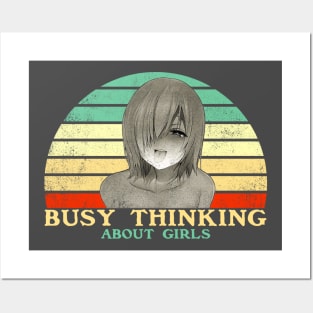 Busy Thinking About Girls - Funny Lesbian Anime - Retro Sunset Posters and Art